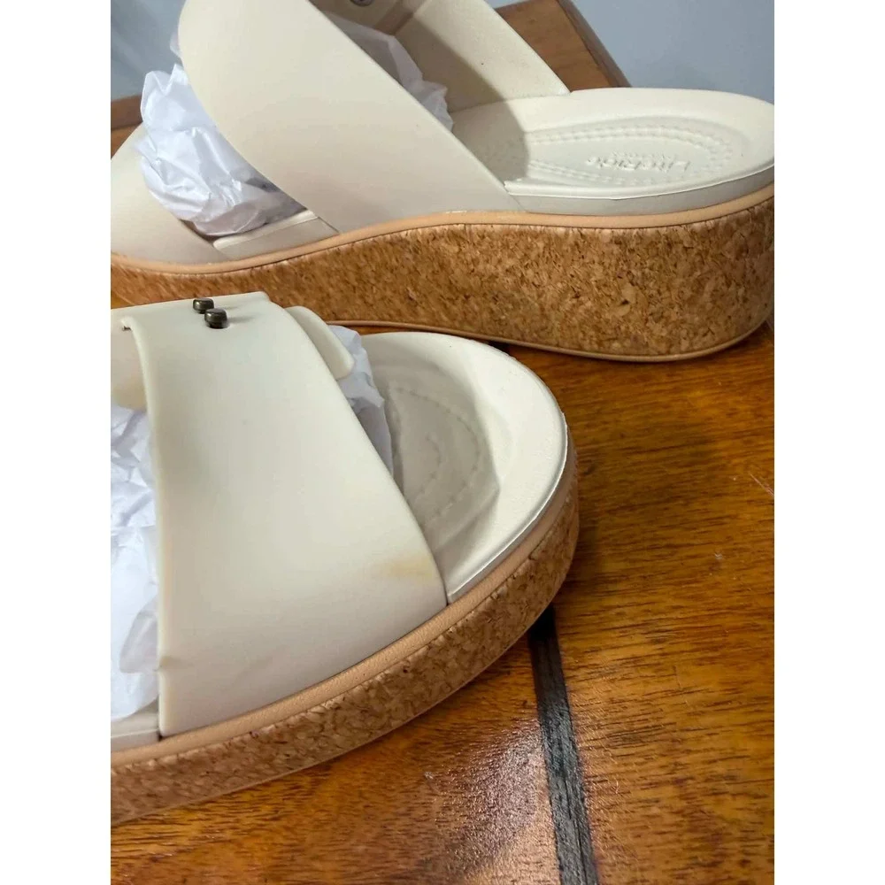 Crocs Brooklyn Low Wedge Sandals Stucco White Cork Platform Slides Womens 10